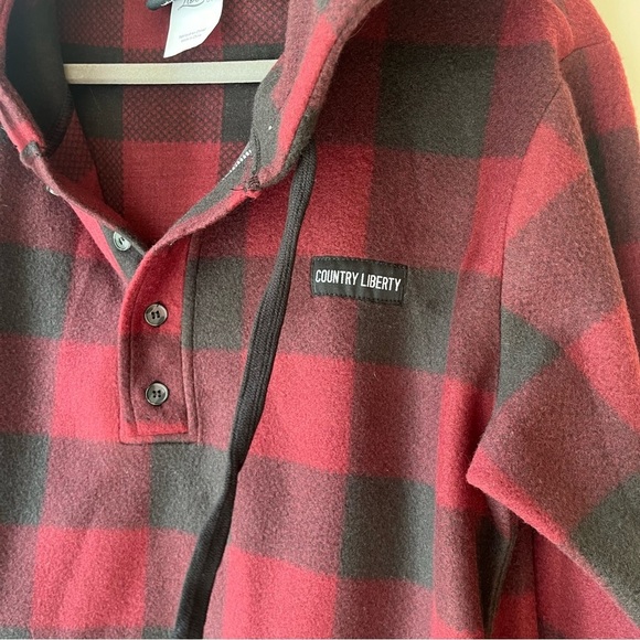 Country Liberty Hoodie XS Red Black Buffalo Plaid Fleece Pullover Unisex Cozy - Picture 3 of 13